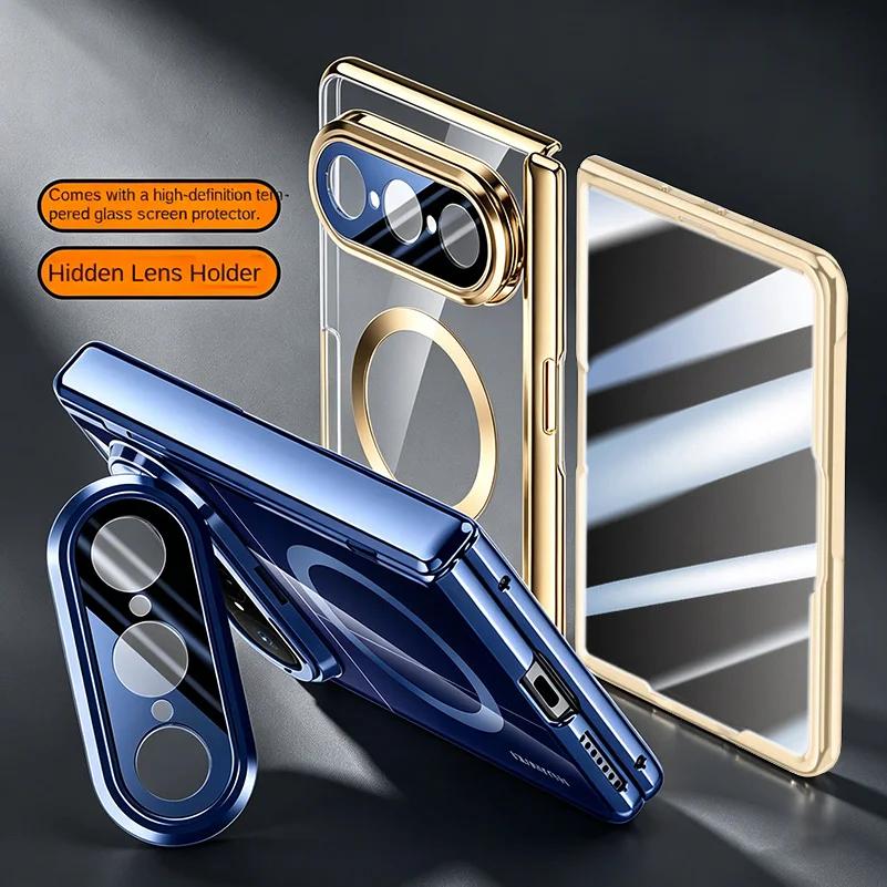 Magnetic Ring Transparent Privacy Screen Tempered Glass Protector Case For Huawei Pura X Max Spring Hinged Holder Back Cover