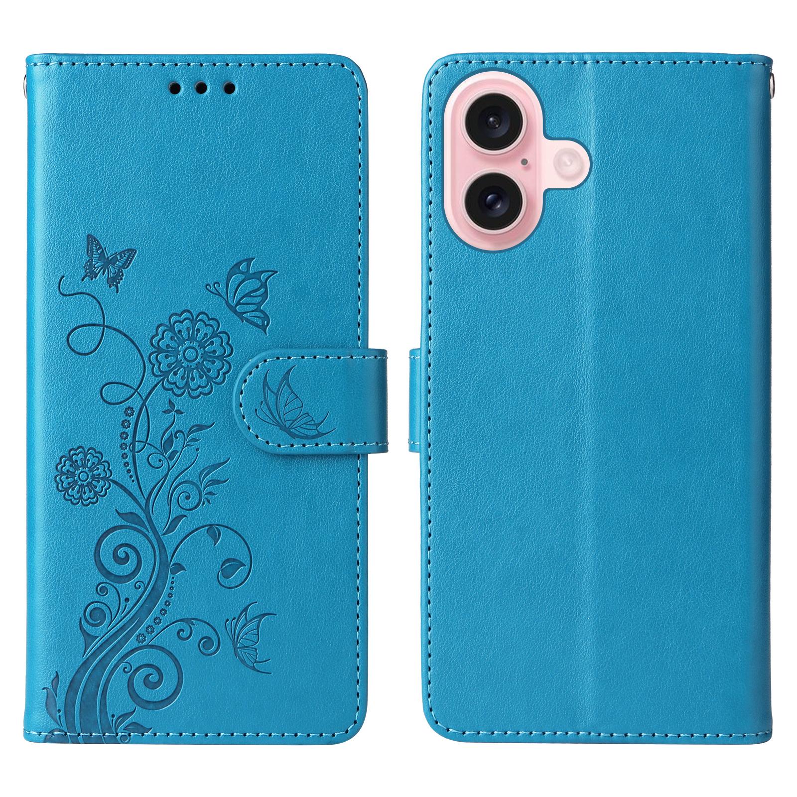 For iPhone 16 Leather Case Butterfly Floral Imprint Wallet Stand Cover D