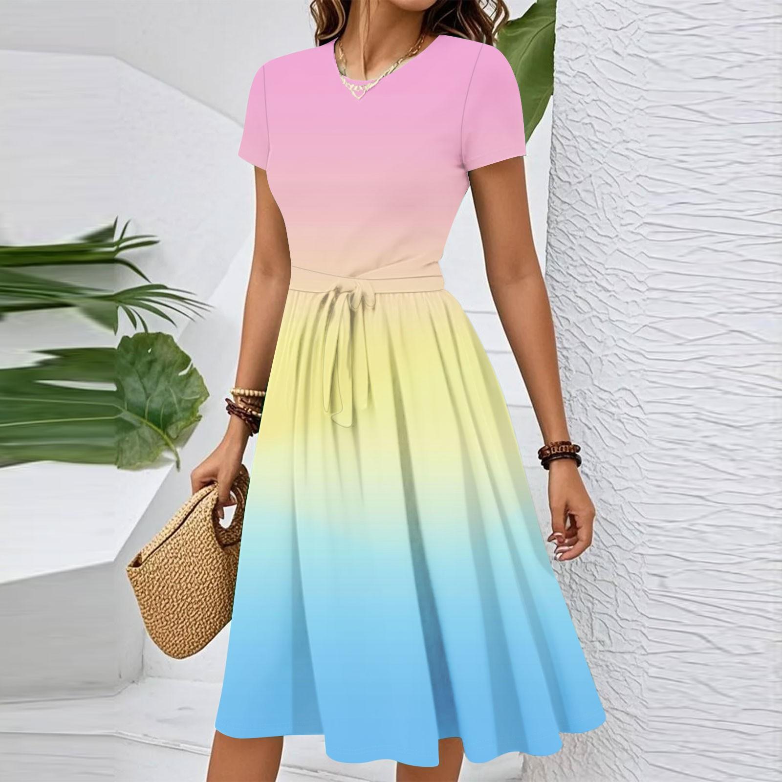 

Женское повседневное модное элегантное платье с поясом и цветочным принтом, коротким рукавом и круглым вырезом S зелёный