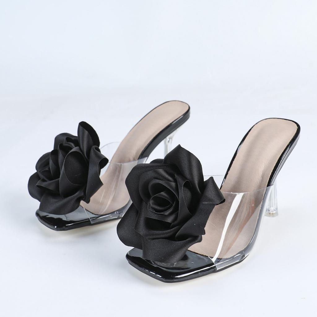 Fashion Women's high-heeled fashionable square-toed slippers with 3D flowers and stiletto heels