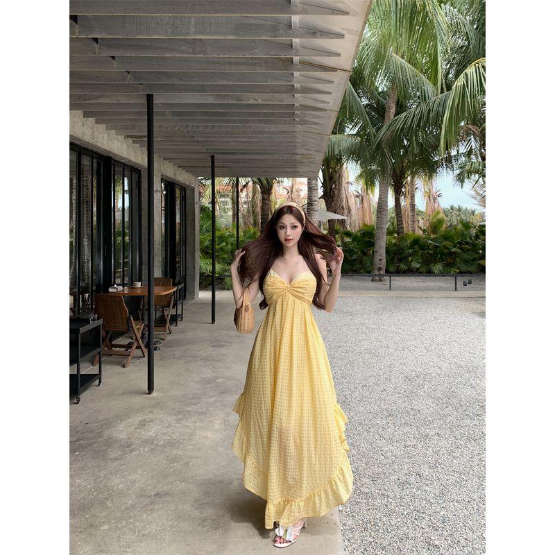 Kumikumi Holiday Style Yellow Plaid Hanging Neck Dress Women Summer French style Age Reduction Frill Backless Long dress