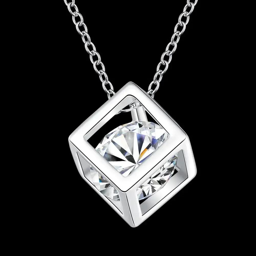 New Popular 925 Sterling Silver Noble Shiny Zircon Square Pendants Necklaces For Women Fashion Jewelry Valentine's Day Gifts