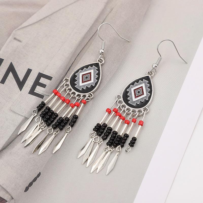 Vintage Ethnic Rice Bead Tassel Earrings for Women Small Simple Boho Drop Oil Silver Earrings Vacation Daily Jewelry
