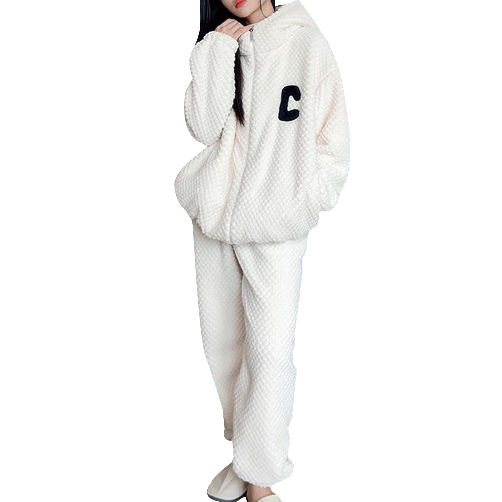 

AQRTPXU Толстая пижама с длинным рукавом, с топом и передним теплым носимым одеялом для холодной погоды, унисекс, женская флисовая подкладка, капюшон, водолазка, на молнии белый