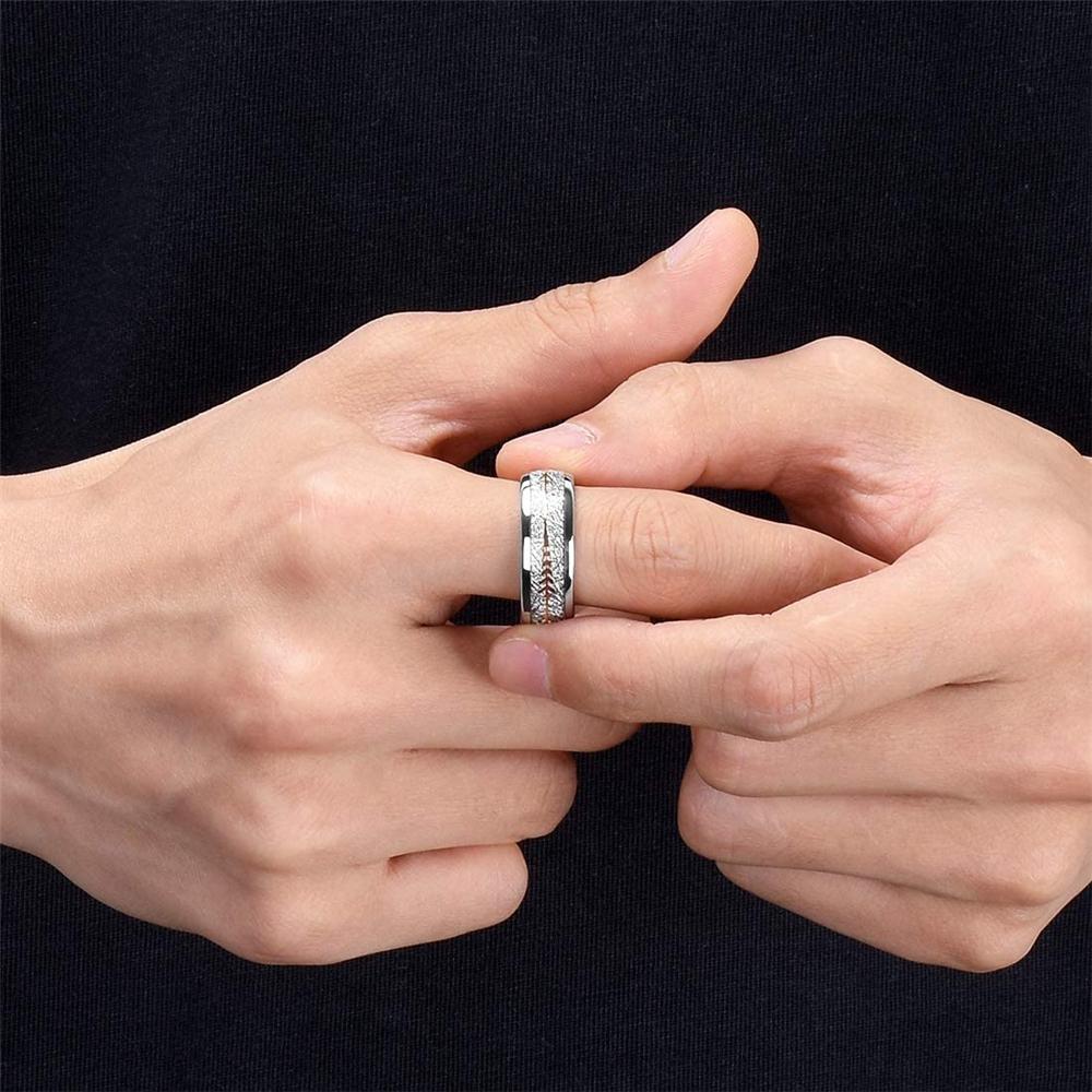 8 Colors Luxury Mens 8mm Titanium Stainless Steel Wedding Ring Koa Wood Meteorite Inlay Arrow Ring Punk Men Wedding Band Jewelry