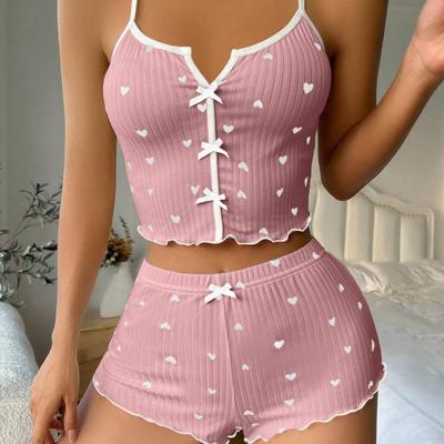 2 pezzi/set da donna Homewear Top Pantaloncini Tuta Cuore Stampa Fiocco Decor Senza Maniche Scollatura Posteriore Gilet Elastico Vita Alta Pantaloni Corti Canottiere Pantaloncini Outfit da donna