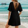 Women Summer Dress V Neck Short Sleeves Pleated High Waist Beach Coverup Loose Mini Dress Lace-up Tassel Strap Backless Slit Hem Dress