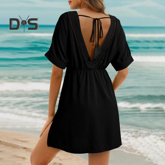 Women Summer Dress V Neck Short Sleeves Pleated High Waist Beach Coverup Loose Mini Dress Lace-up Tassel Strap Backless Slit Hem Dress
