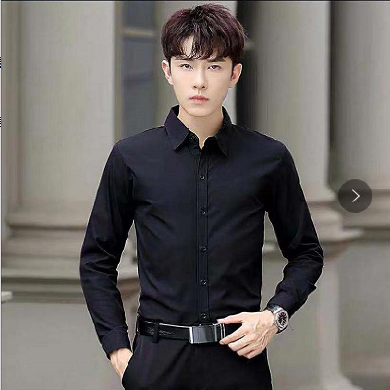 

Мужская приталенная рубашка с длинным рукавом черного цвета - деловая формальная, не требующая глажки, доступна в больших размерах S