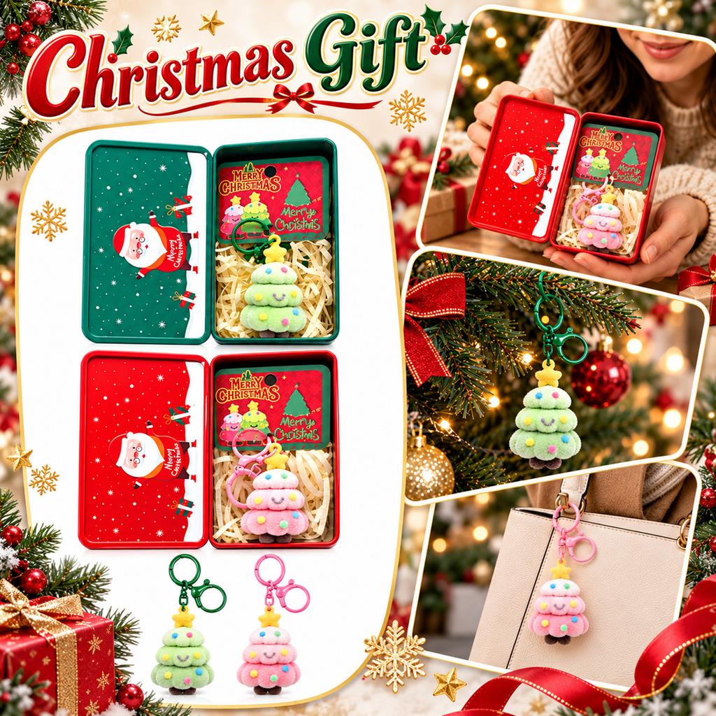Flocked Christmas Tree Keychain with Tin Box, Christmas Tree Hanging Ornament Pendant, for Christmas Decor