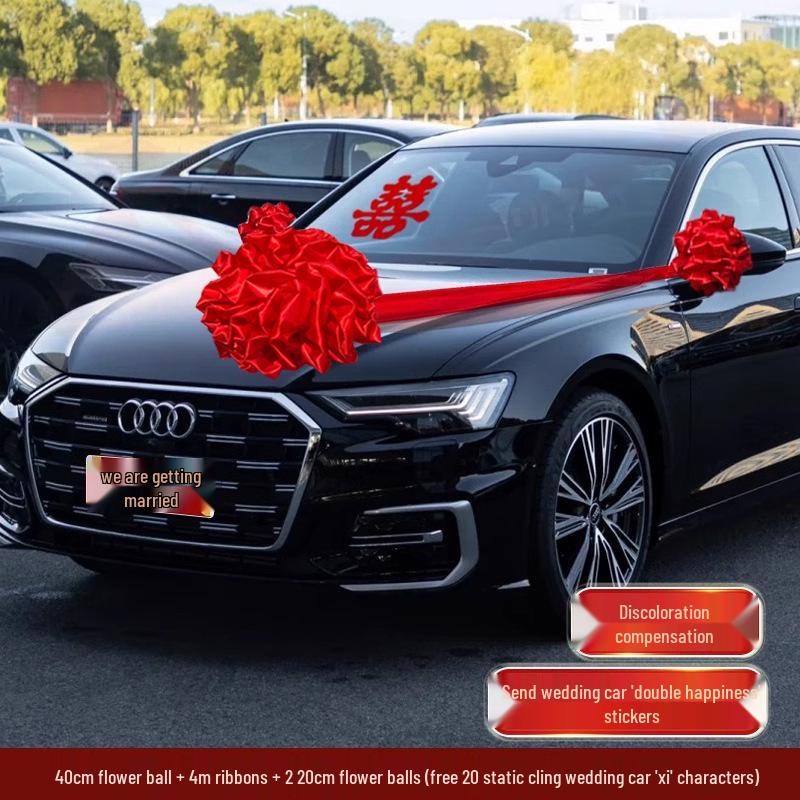 Complete Wedding Car Decoration Set: Escort Car Hood Flowers, Welcome Garland, Double Happiness Arrangement for a Festive Display
