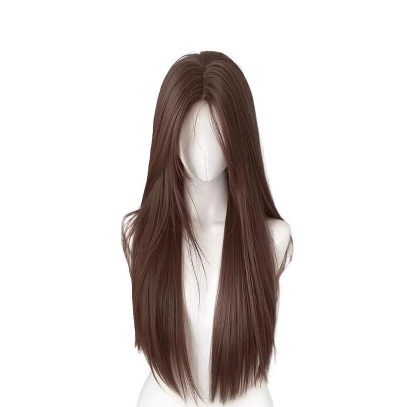 Korean Style Long Black Straight Wig for Women with Natural, Realistic Hair, Traceless Middle Part and Bangs.