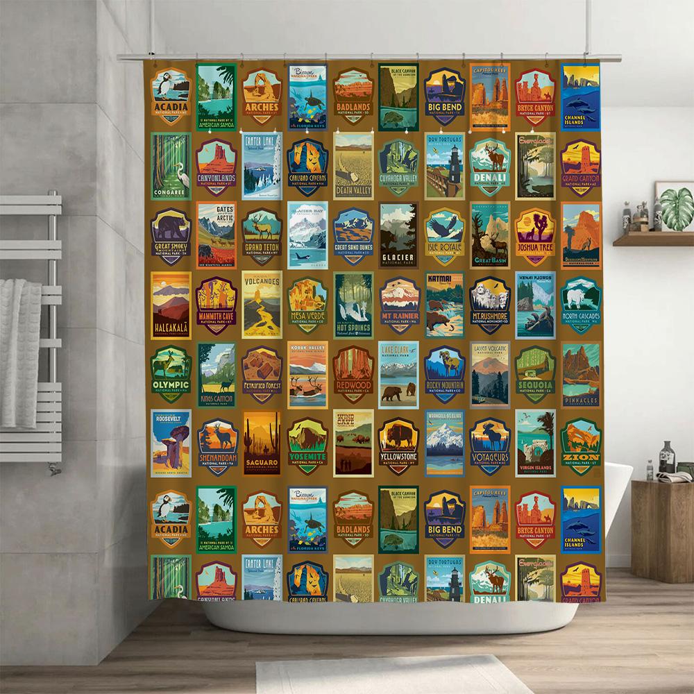 Vintage National Parks Poster Shower Curtain Nature Inspired Decor For Bathroom