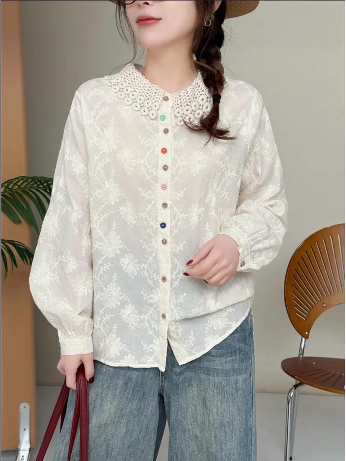 

Women s Mori Girl Style Embroidered White Long-Sleeve Shirt with Hollowed Collar & Colorful Buttons - Slimming & Versatile Design One Size абрикосовый/бежевый