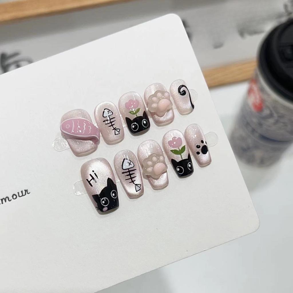 Pure Hand-wearing Armor Cute Daily Short Manicure Hand-painted Cat Pinch Glue Fish Can Be Removed and Reused