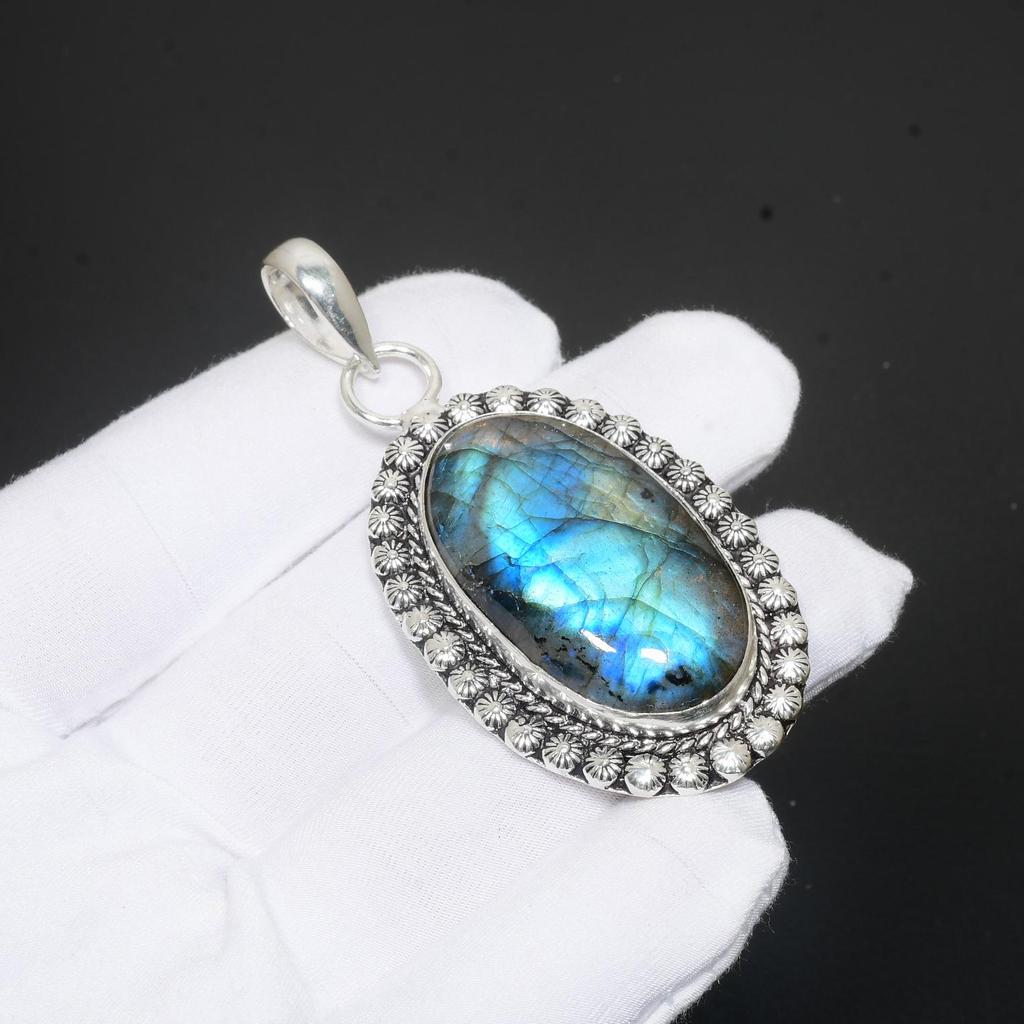 Blue Fire Labradorite Gemstone Handmade 925 Sterling Silver Pendant For Gifts Pendant For Her