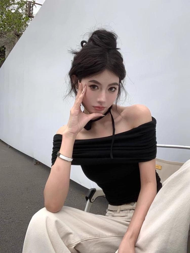 French Off Shoulder Short Sleeved T-shirt Female Summer New Pure Style Slim Elastic Short Blouse Korean Fashion Casual Tops Ins