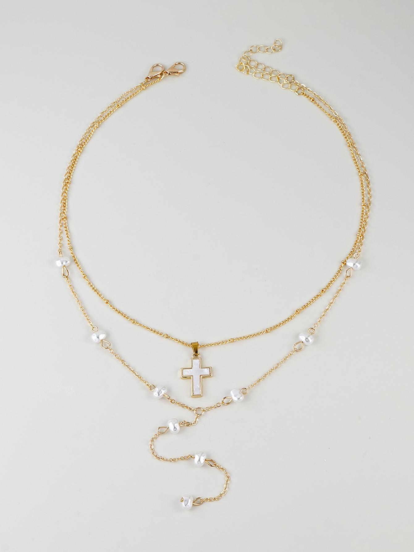 Elegant Fashion Double Layer Cross Pendant Long Y-Shape Pearl Necklace for Casual Daily Wear & Parties Jewelry Accessory