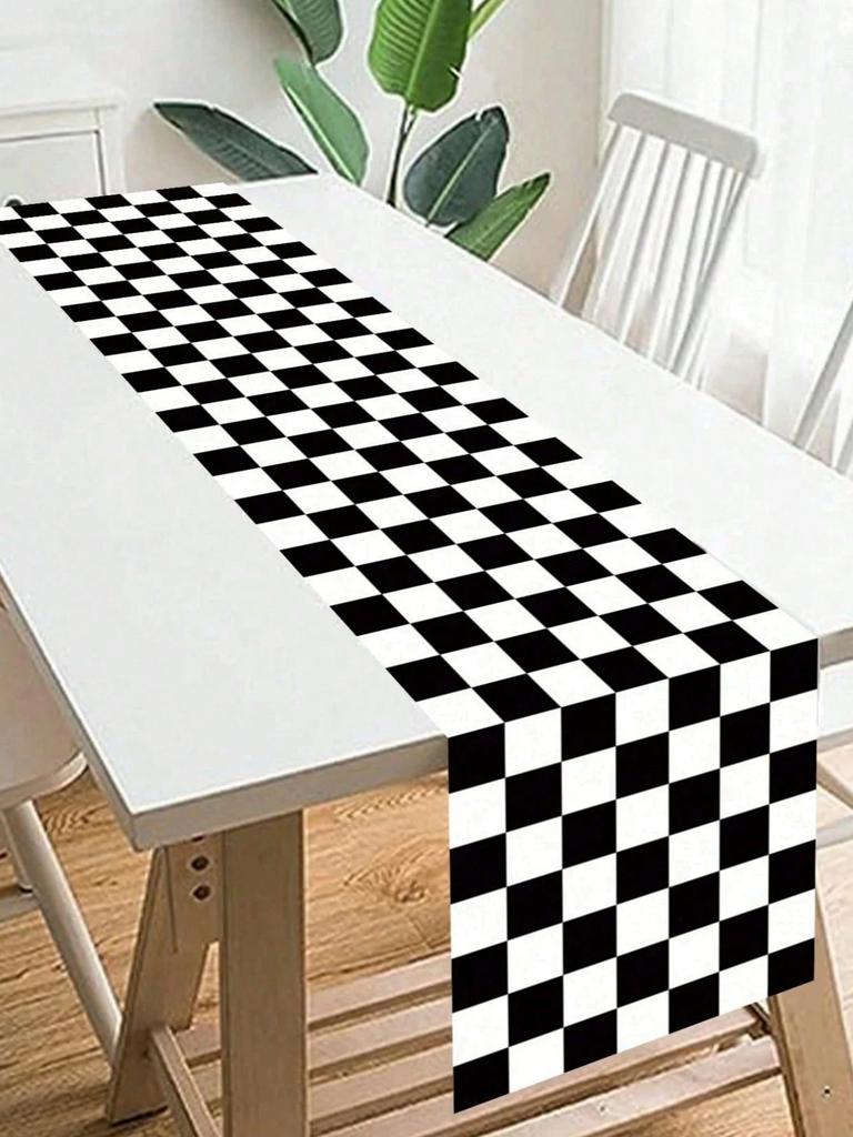 1pc Racing-Style Black-White Checkerboard Linen Table Runner, 2D Printed, Year-Round Use, Decor for Dining/Kitchen/Living Room,