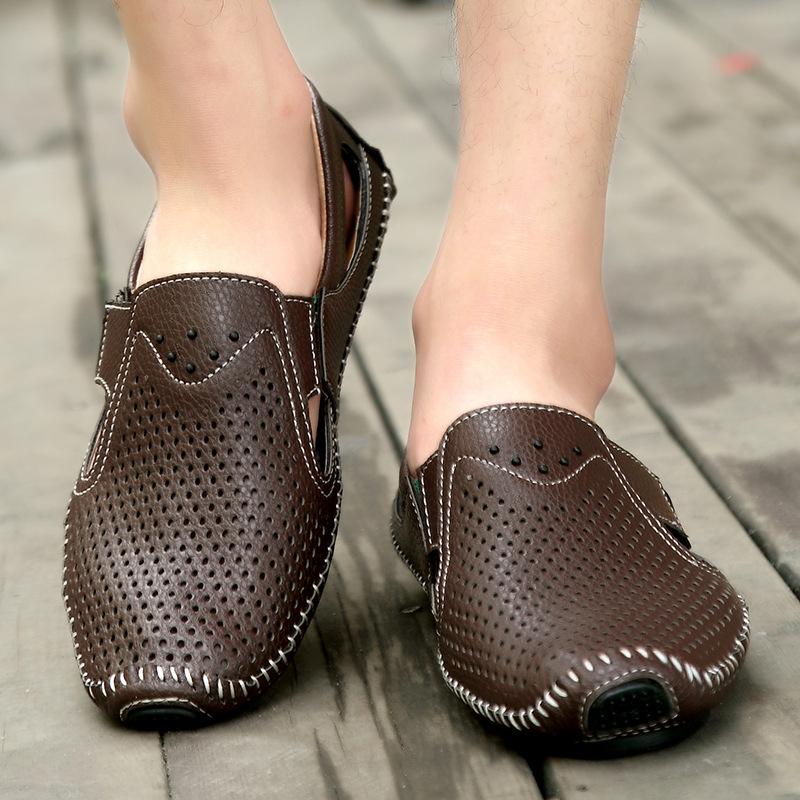 Summer New Men's Casual Hollow Breathable Doudou Shoes Comfortable, Light and Non-slip Hand-sewn Bag Head Sandals
