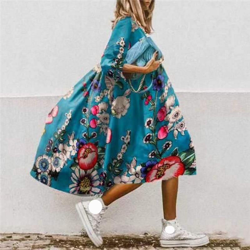 Summer Casual Loose Waist Printed Dress Women Fashion Round Neck Floral Plus Size Dresses Female A Line Elegant Vintage Dress 24059