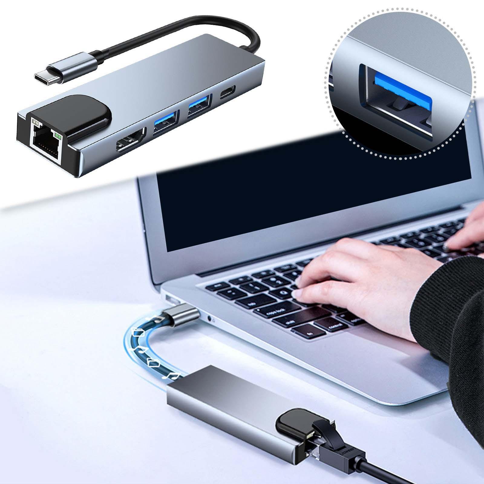

5-в-1 мережевий концентратор Type-C Multi-Splitter Adapter з HDMI + USB3.0 + USB2.0 + RJ45 + PD для ПК Комп ютерні аксесуари One Size срібний