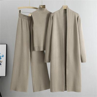 Traje de punto de temperamento perezoso de otoño e invierno Chaleco sin mangas Suéter Cárdigan Pantalones Conjunto de tres piezas