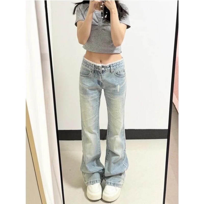 Petite Lace Patchwork Flared Wide-Leg Jeans M