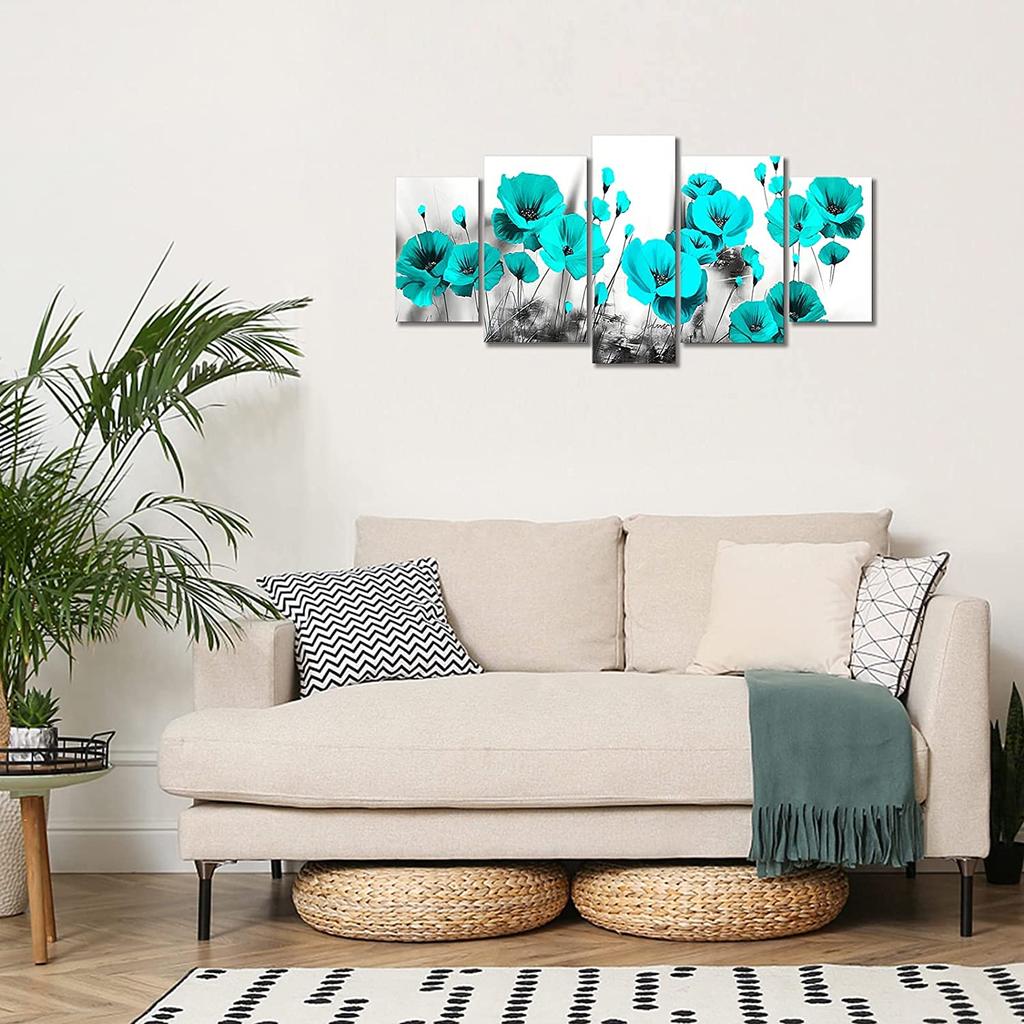 5 bucăți Abstract Teal Blue Flower Blossom Floral Bucătărie 5 Bucăți Pânză Tablouri Artă Decor Home Fără Perete Modern Înramat