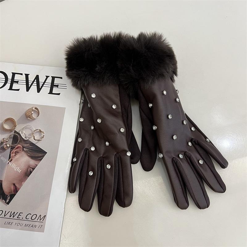 Diamond-encrusted PU leather finger gloves women's autumn and winter warm touch screen plush cuffs cycling five-finger gloves tide