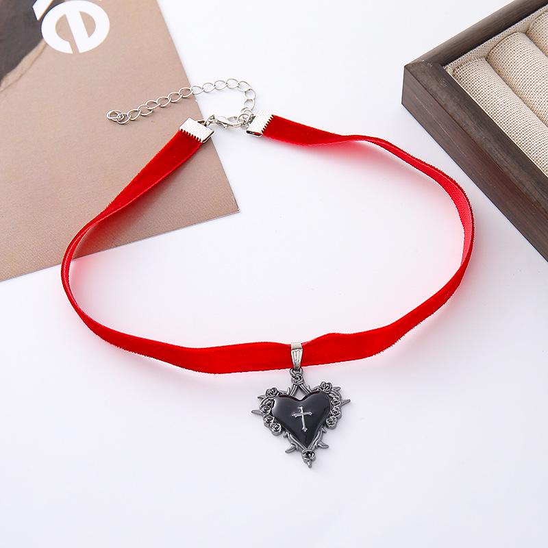 Gothic Halloween Heart Choker with Thorns, Velvet Rose, & Cross Pendant