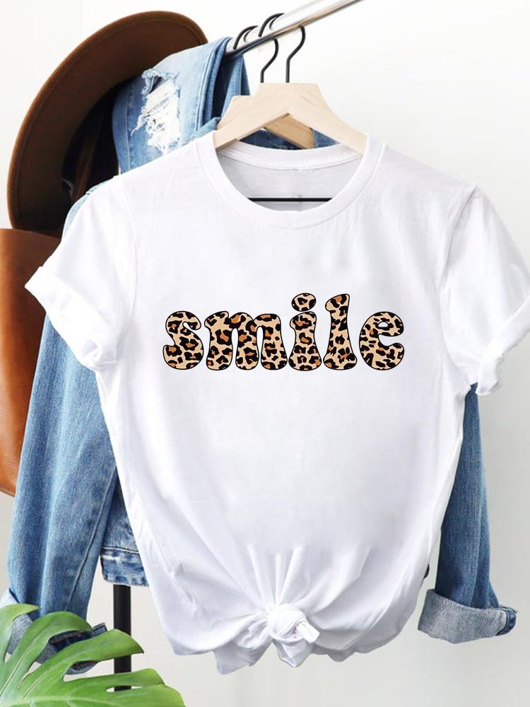 (Asian Size) Women Clothing Short Sleeve T Shirt Fashion Tee Top leopard letter Woman Print Female Graphic T-shirts