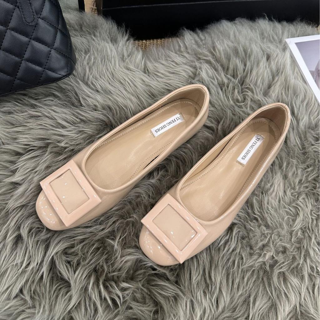 Small man increases height 5cm nude square buckle light mouth single shoes women's 2025 summer new French round head soft flats