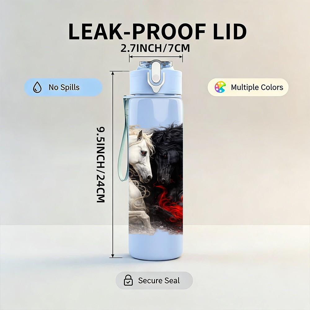 1PC Black White Fluffy Horse Portrait Print 750ml Color Plastic Sports Water Bottle Leakproof Flip Straw Lid Suitable for Sports Office Home Use