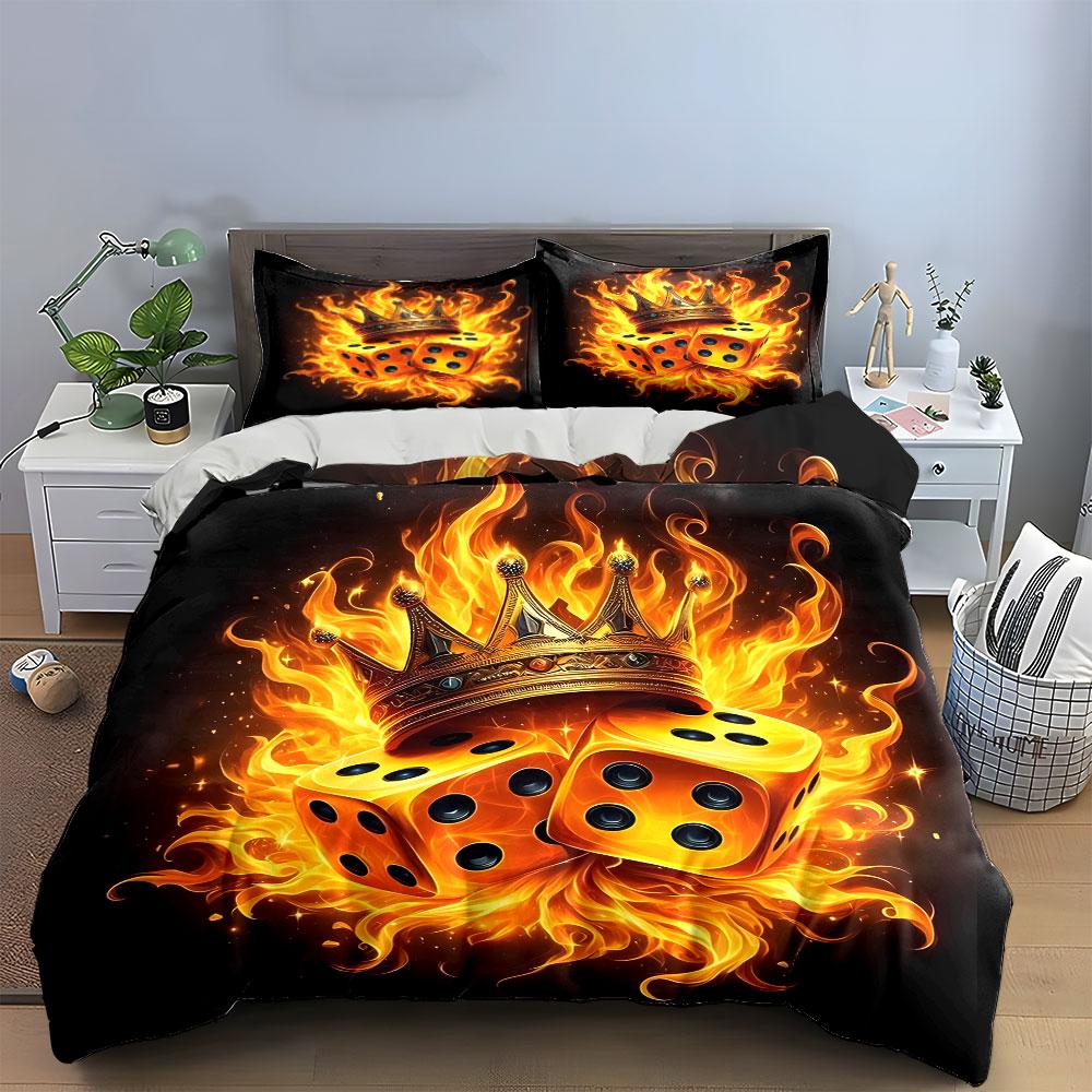 Fiery Crown and Dice Design Bedding Duvet Cover Set  (1*Duvet Cover 2*Pillowcases, without duvet insert)