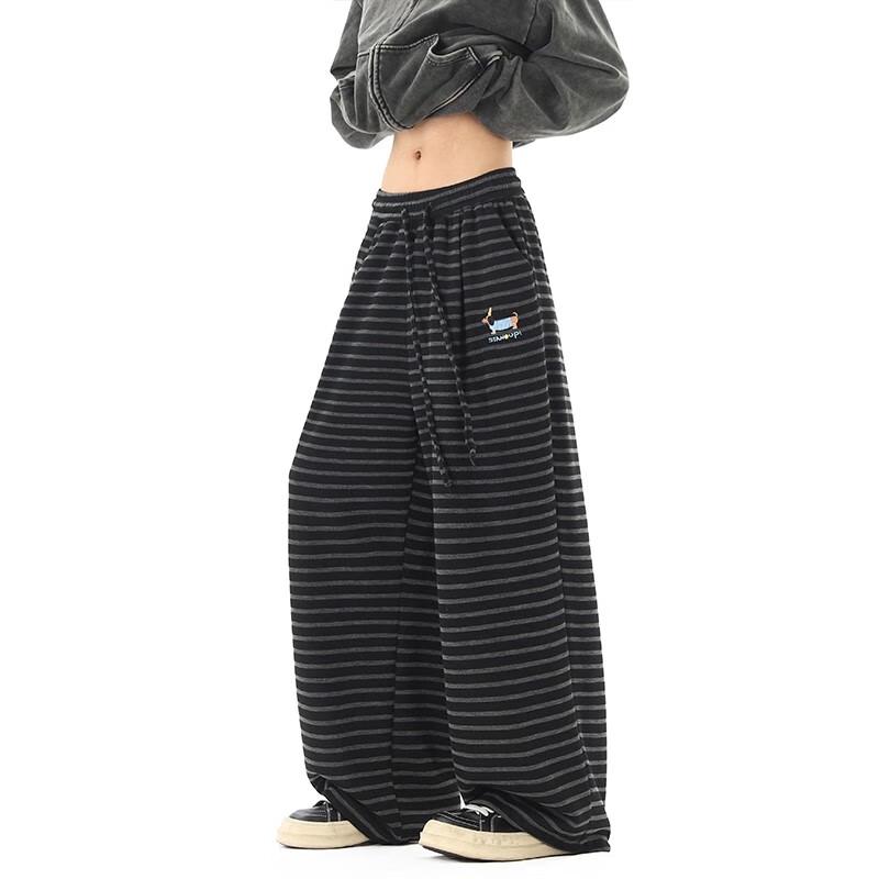 BWKA Unisex Dachshund Embroidered Striped Loose Straight-Leg Casual Pants XL