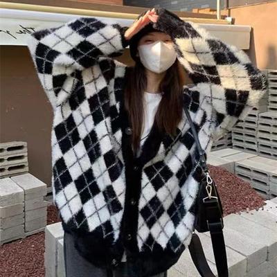 Diamond Sweater Jacket Female Fall and Winter Loose Casual Lazy Wind Sweater Knitted Cardigan Tide Comfortable Versatile and Fashionable