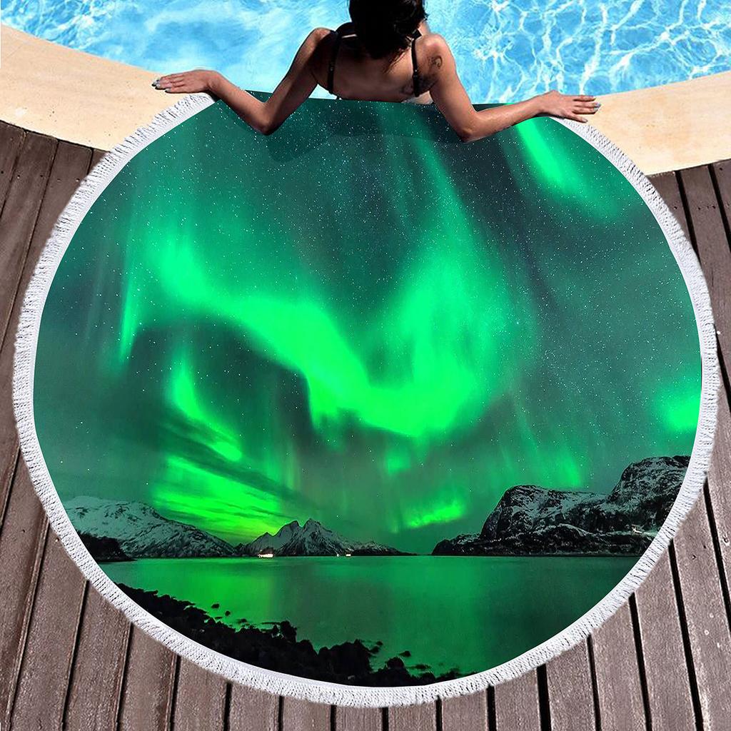 Mysterious Aurora Round Beach Towel,Microfiber Circle Beach Blanket Quick Dry Picnic Rug with Tassels for Bathroom Pool Outdoor