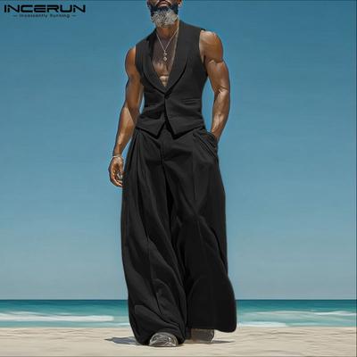 2PCS Men Sleeveless Slim Waistcoat and Long Straight Pants Sets