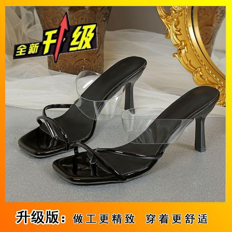 Sandals 2025 New Women's Sandals Outer Wear Toe Transparent French High Heels Summer Square Head Stiletto Fairy Slippers