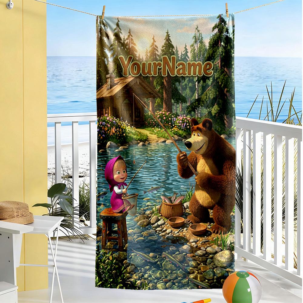 Masha Bear Customized Name Beach Towel Soft Durable Quick-Dry For Beach Bathroom Outdoor Swimming Pool Camping Picnic Yoga Diving Vacation Accessories