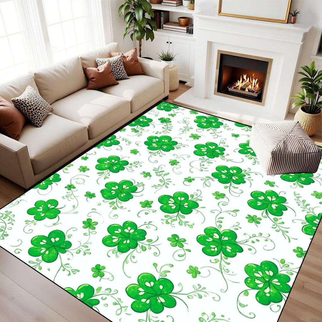 St Patricks Day Clover Rug Irish Green Shamrock Leaf Decor Carpet Holiday Home Decor Floor Mat Soft Non-Slip Living Room Mat