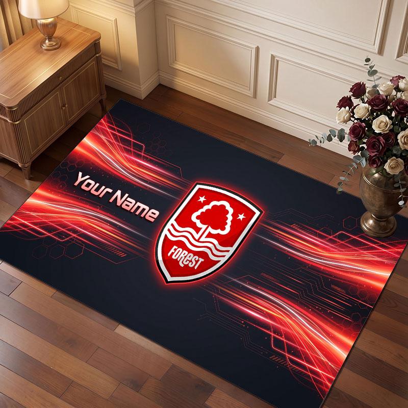 Nottingham Forest Benutzerdefinierter Kristall-Samt-Teppich, Personalisierter Namens-Textdruck, Fußball-Logo Weiche Rutschfeste Fußmatte Heimdekoration Geschenk