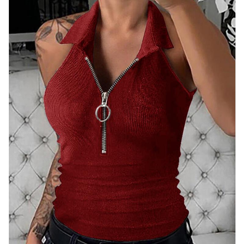 

Новый весенне-летний однотонный жилет на молнии с лацканами, женская модная повседневная футболка, женские футболки с открытыми плечами на бретелях 3XL красный