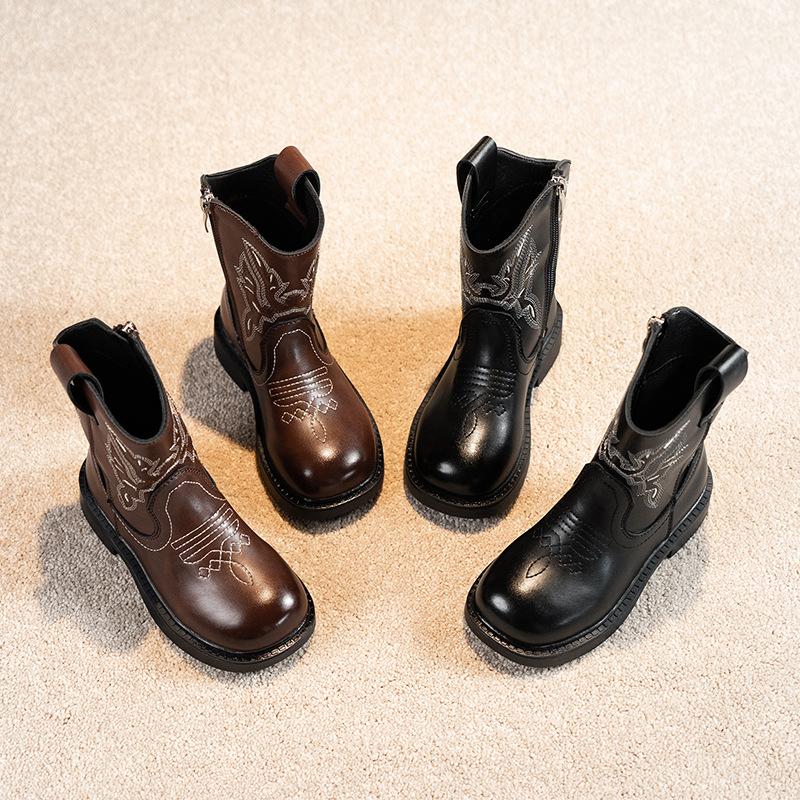 Retro Embroidered Western Cowboy Boots for Children, Fashionable Square Toe Ankle Boots, Knight Boots