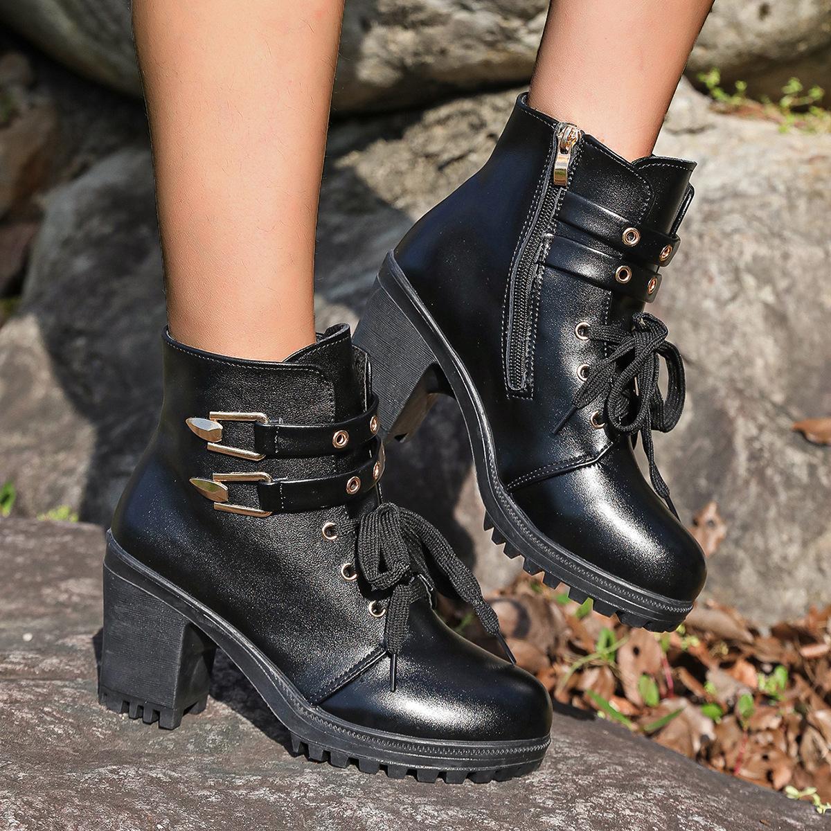 

2025 autumn and winter new round head lace-up Martin boots women s British style belt buckle side zipper high heel short boots 42