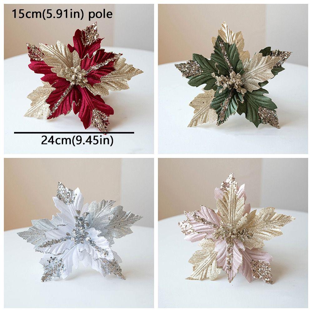 Glitter Powder Sequin Velvet Christmas Flower with Stem Colorful Fake Flower Ornament Sequins Shape Retention Xmas Tree Pendant
