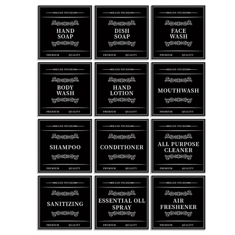 

12Pcs Waterproof Bathroom Label Sticker for Easy Organization Adhesive Soap Mouthwash Dispenser Bottles Labels Set чёрный