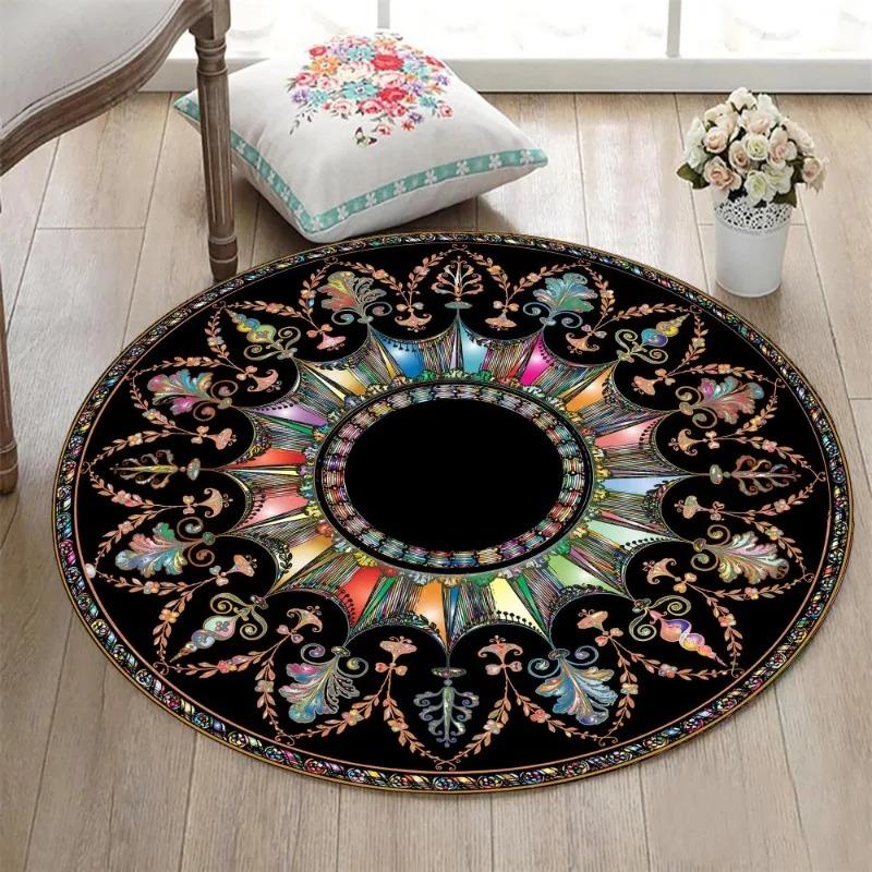 Bohemian Mandala Round Area Rug Collection Artistic Floral Geometric Pattern Floor Mat For Living Room Boho Home Decor