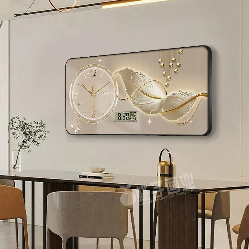 New perpetual calendar decorative painting light luxury feather wall clock living room hanging painting home electronic clock